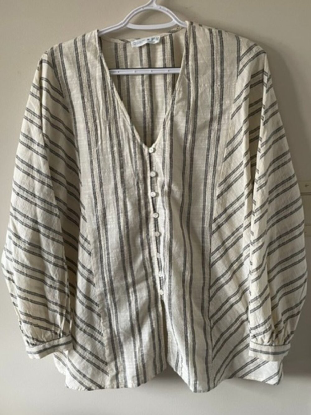 Primark Cares Long Slv Cuffed  Cream/Blue Strips Cotton Top Sz M/L  - NWOT